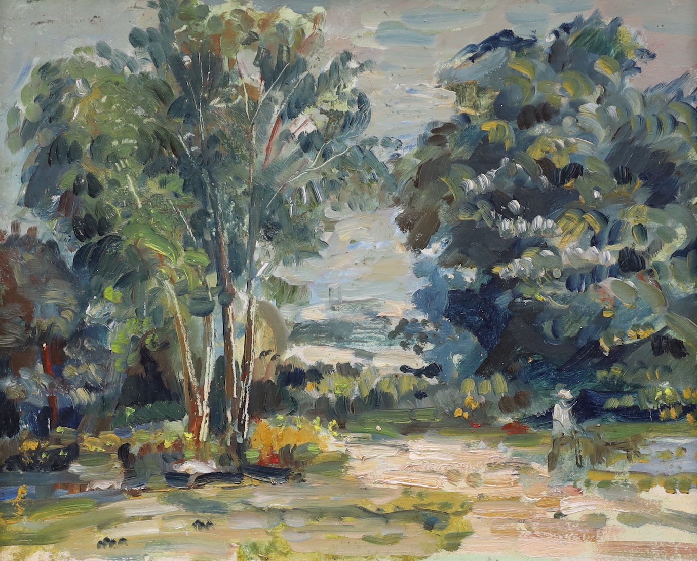 Piotr Mleczko (Polish, 1919-95), three oils, Figures on the shoreline, Woodland scene and Girl in a red hat, one signed, one inscribed verso, 32 x 40cm, 24 x 29cm and 24 x 20cm